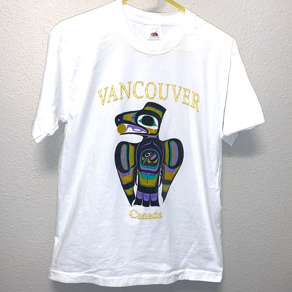 Vintage Vancouver Canada white cotton graphic T-shirt L Totum pole Indian bird - Picture 1 of 15